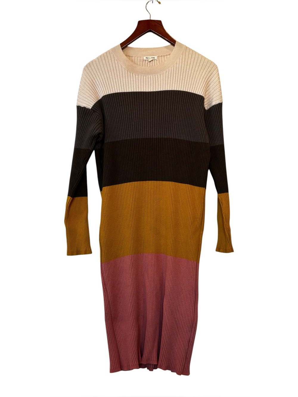 tea n rose Retro Colorblock Rib-Knit Long Sleeve Dress Pink, Mustard & Brown L